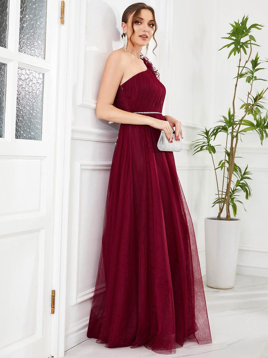 Ruffled Asymmetrical Single Strap Sequin Waist Tulle Bridesmaid Dress