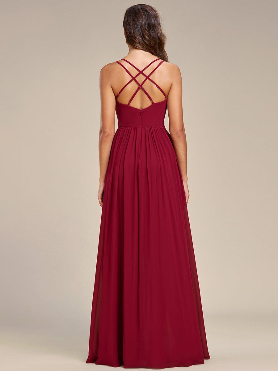 Chiffon Spaghetti Strap Ruffled Front Slit A-Line Bridesmaid Dress #Color_Burgundy