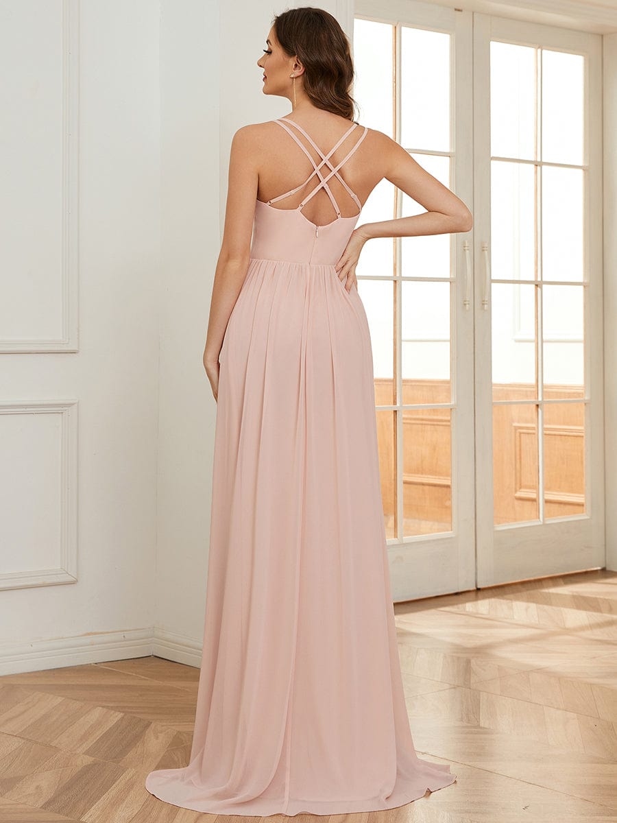 Chiffon Spaghetti Strap Ruffled Front Slit A-Line Bridesmaid Dress #Color_Pink