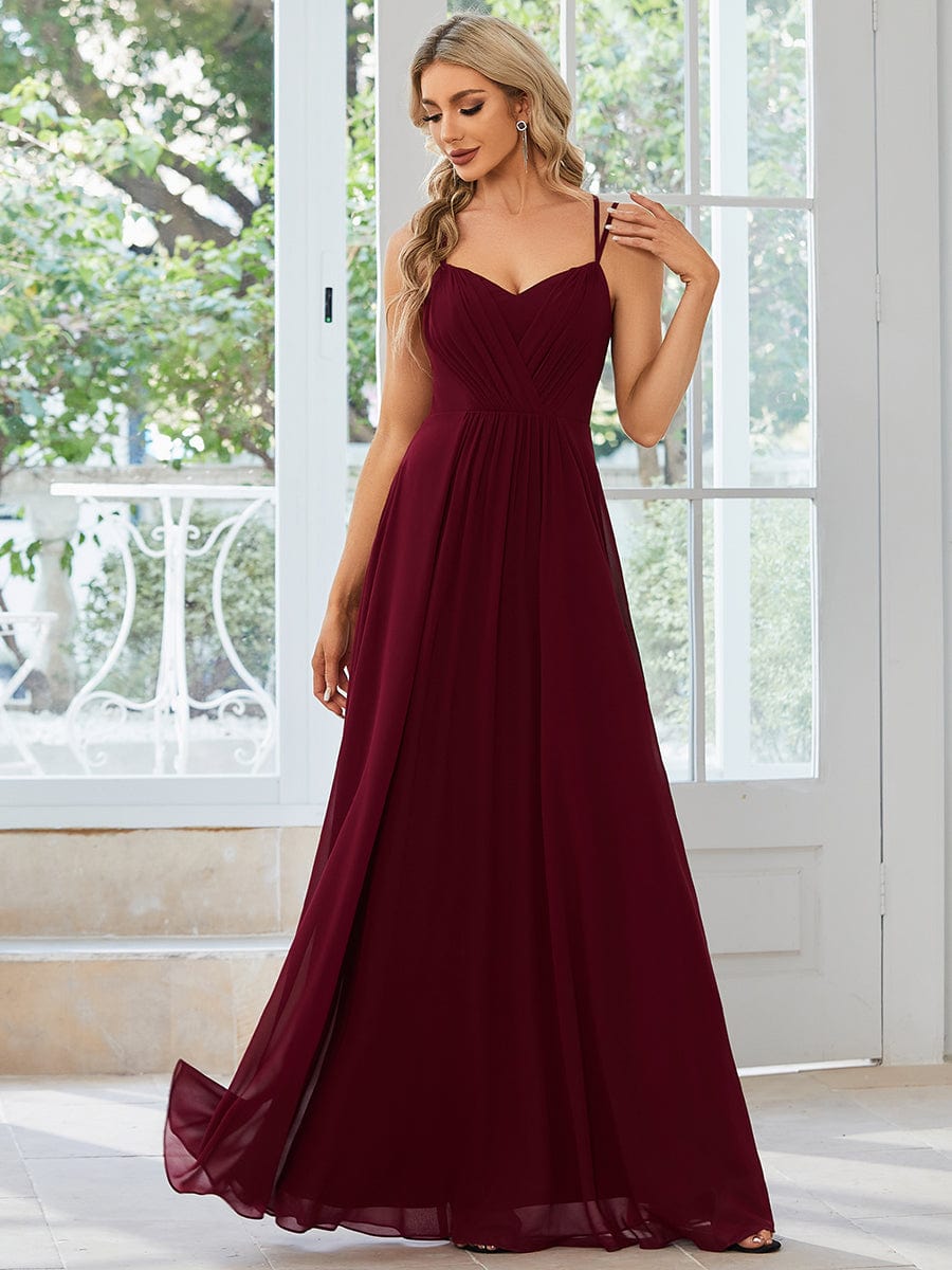 Chiffon and Lace Open Back Spaghetti Straps Bridesmaid Dress #color_Burgundy