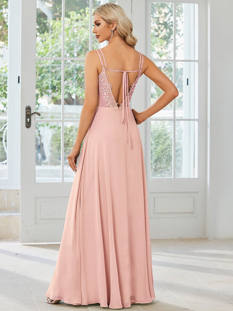 Chiffon and Lace Open Back Spaghetti Straps Bridesmaid Dress #color_Pink