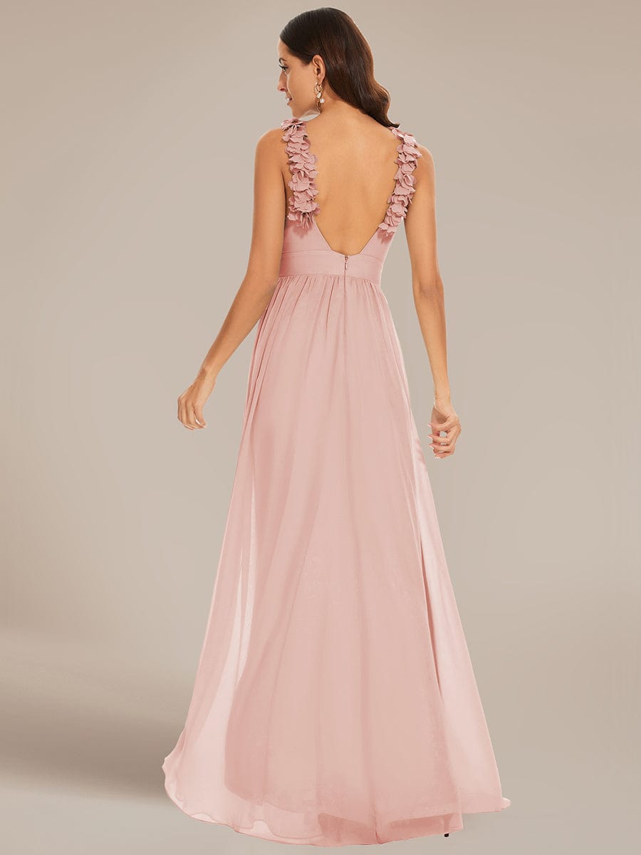 V-Neck Floral AppliqueSleeveless Pleated Chiffon Bridesmaid Dress #Color_Pink