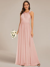 V-Neck Floral AppliqueSleeveless Pleated Chiffon Bridesmaid Dress #Color_Pink