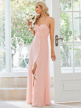 Front Slit Sweetheart Crossed Back Tie Chiffon Bridesmaid Dress #color_Pink