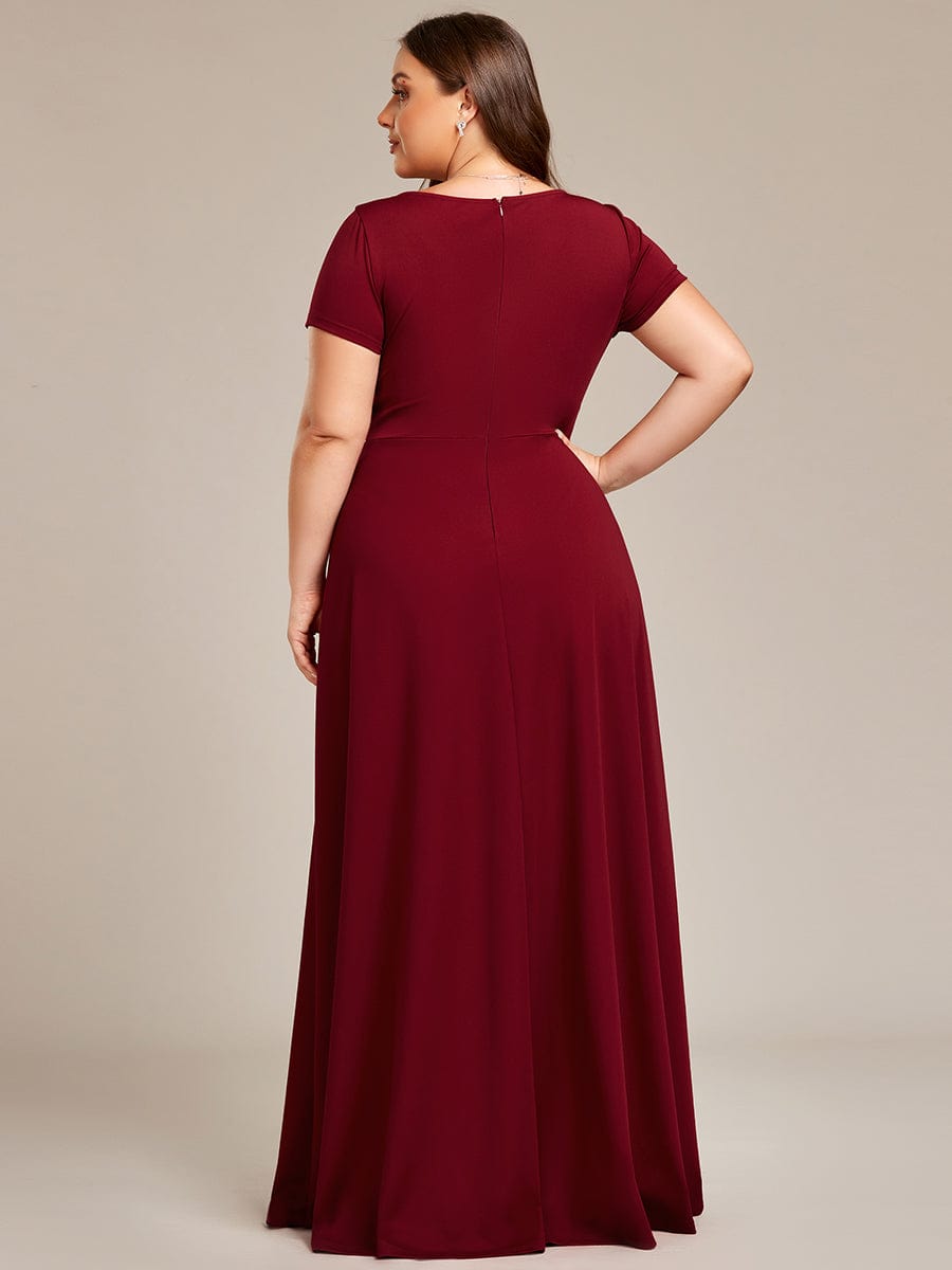Plus Size Pleated V-Neck Short Sleeves Empire Waist A-Line Bridesmaid Dress #color_Burgundy
