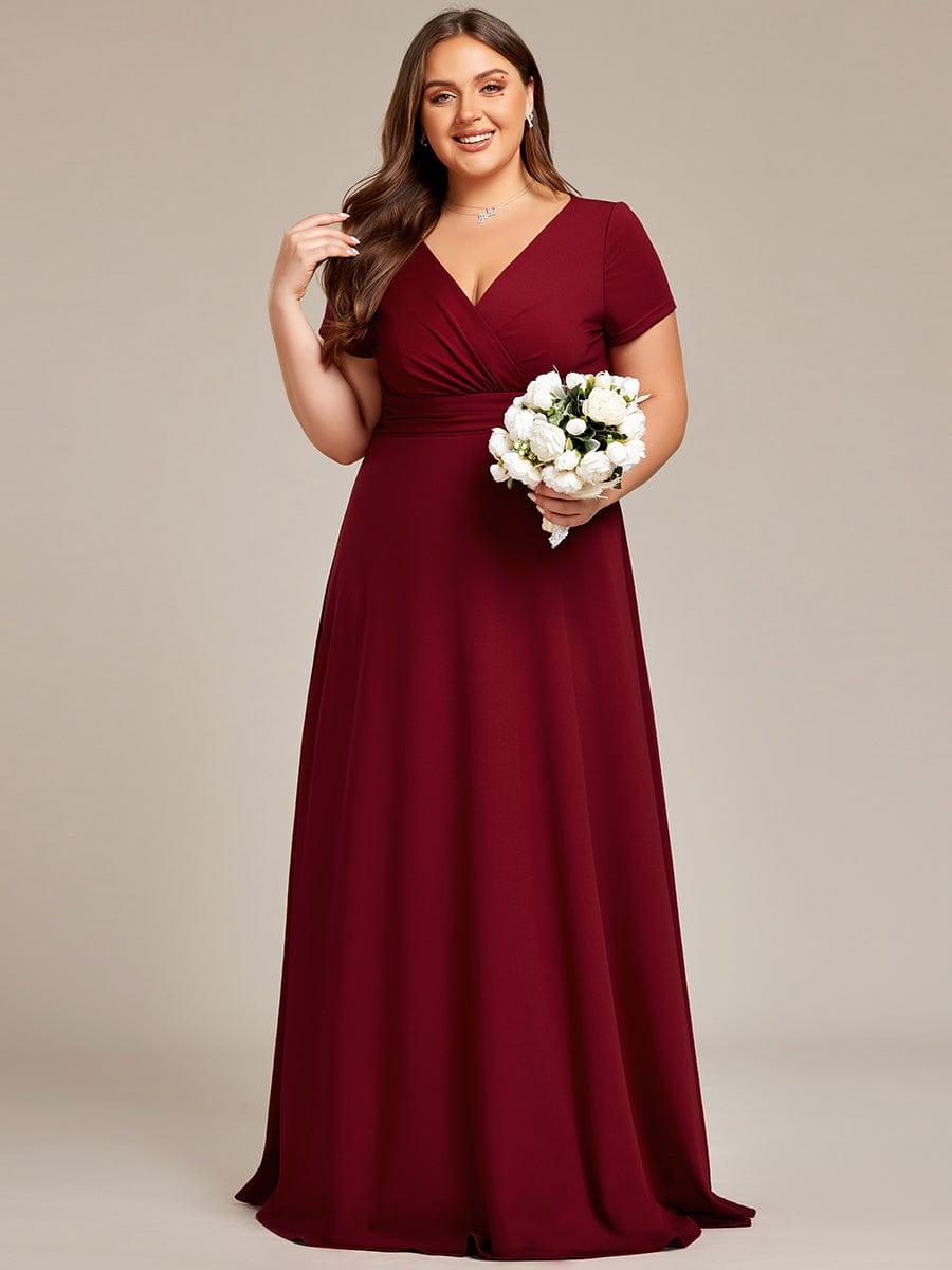 Plus Size Pleated V-Neck Short Sleeves Empire Waist A-Line Bridesmaid Dress