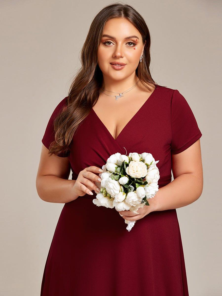 Plus Size Pleated V-Neck Short Sleeves Empire Waist A-Line Bridesmaid Dress