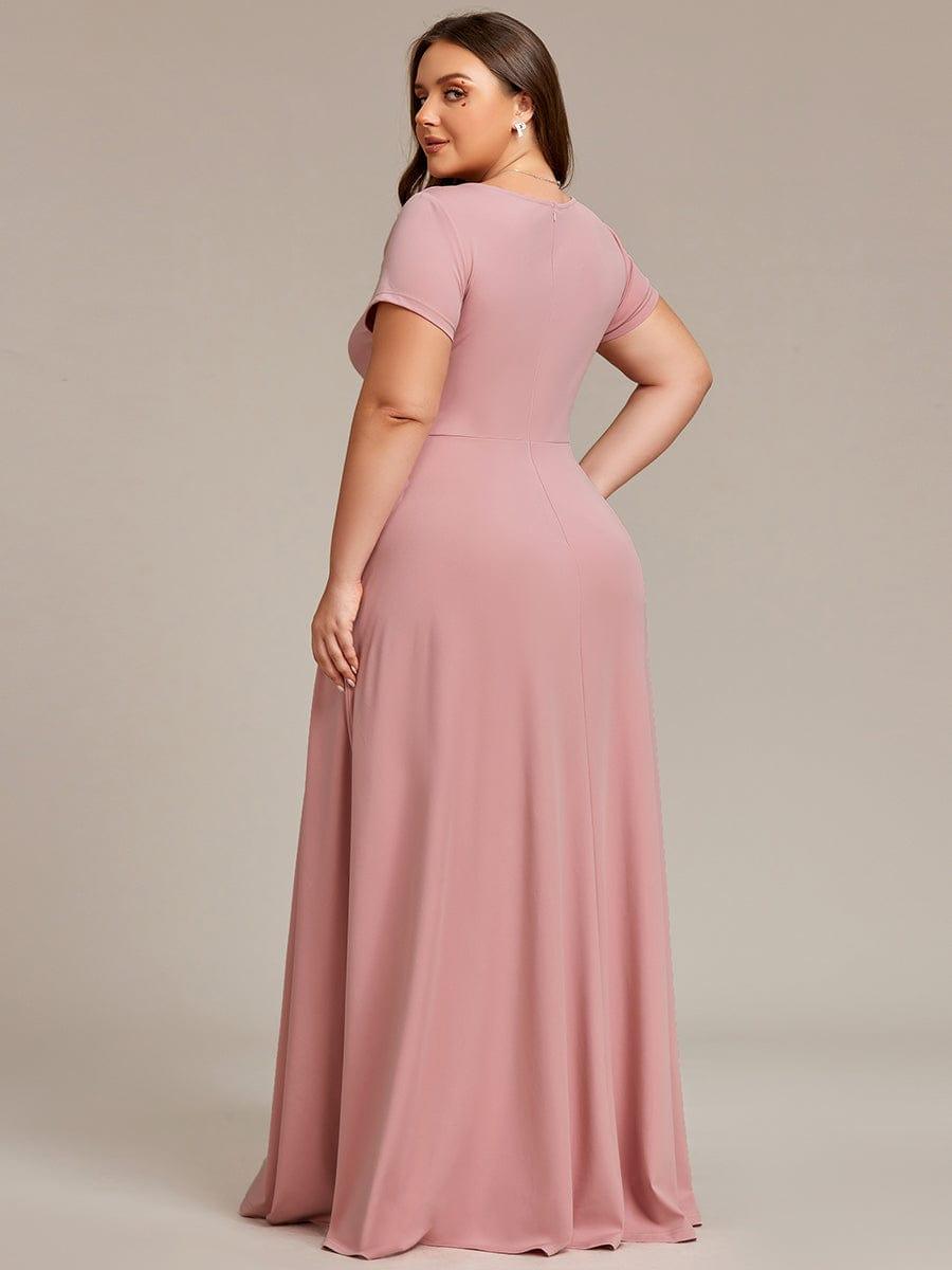 Plus Size Pleated V-Neck Short Sleeves Empire Waist A-Line Bridesmaid Dress #color_Dusty Rose