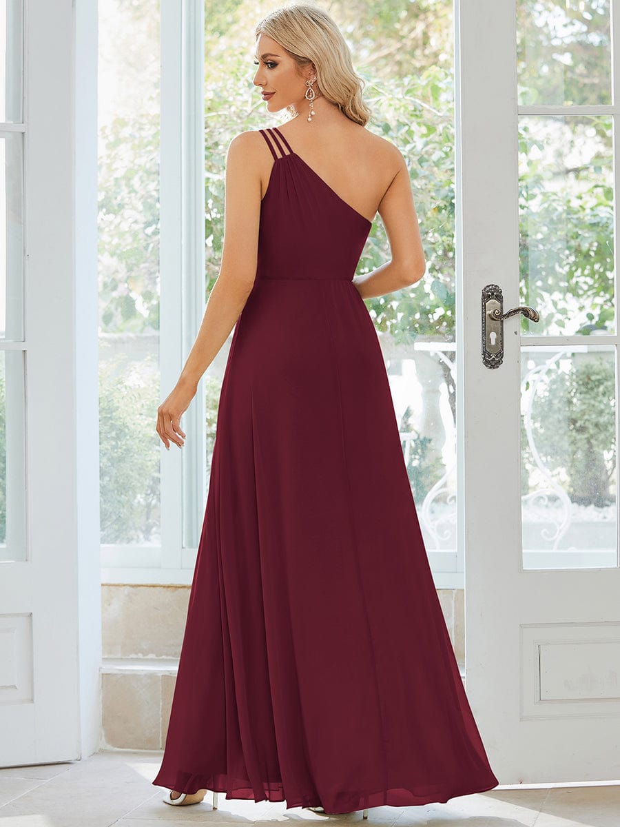 Flowy Chiffon One-Shoulder with Three Straps Bridesmaid Dress #color_Burgundy