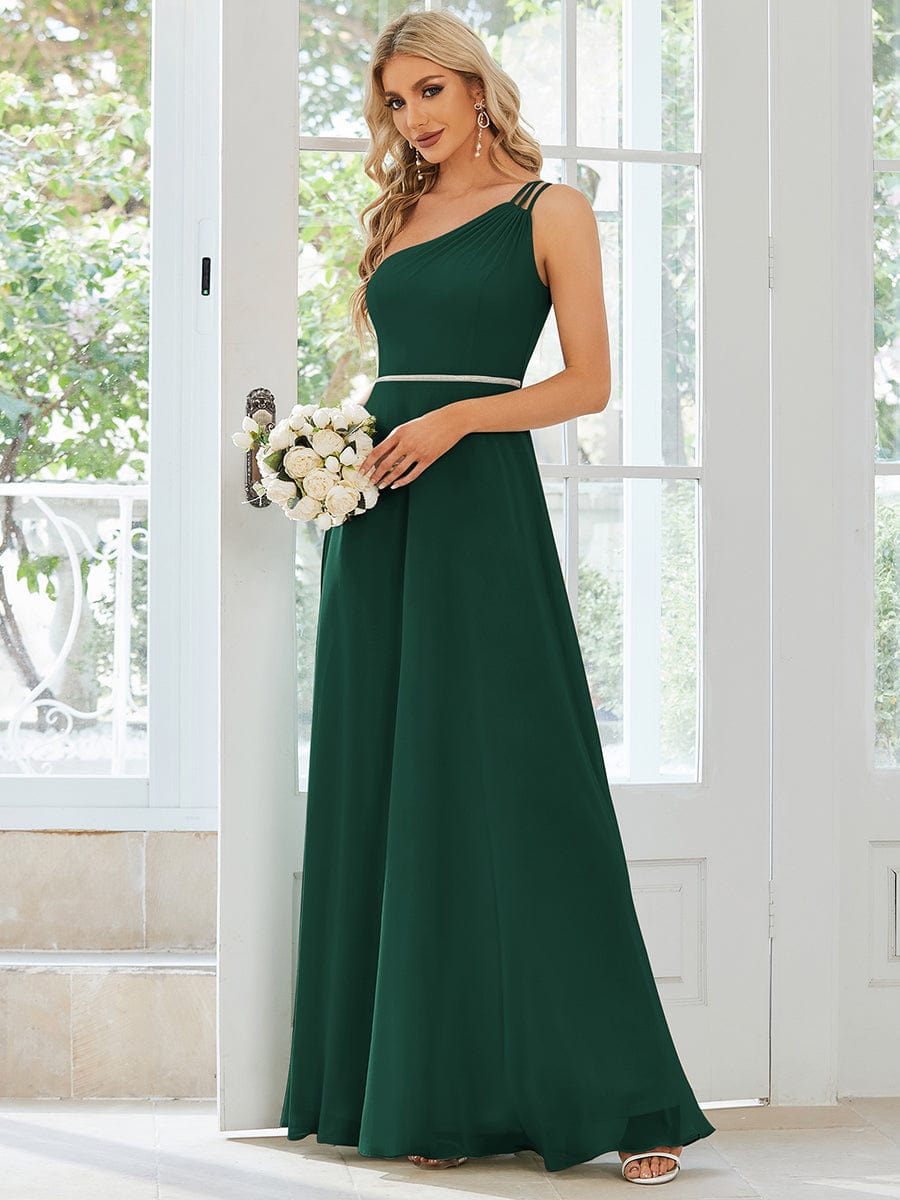Flowy Chiffon One-Shoulder with Three Straps Bridesmaid Dress #color_Dark Green