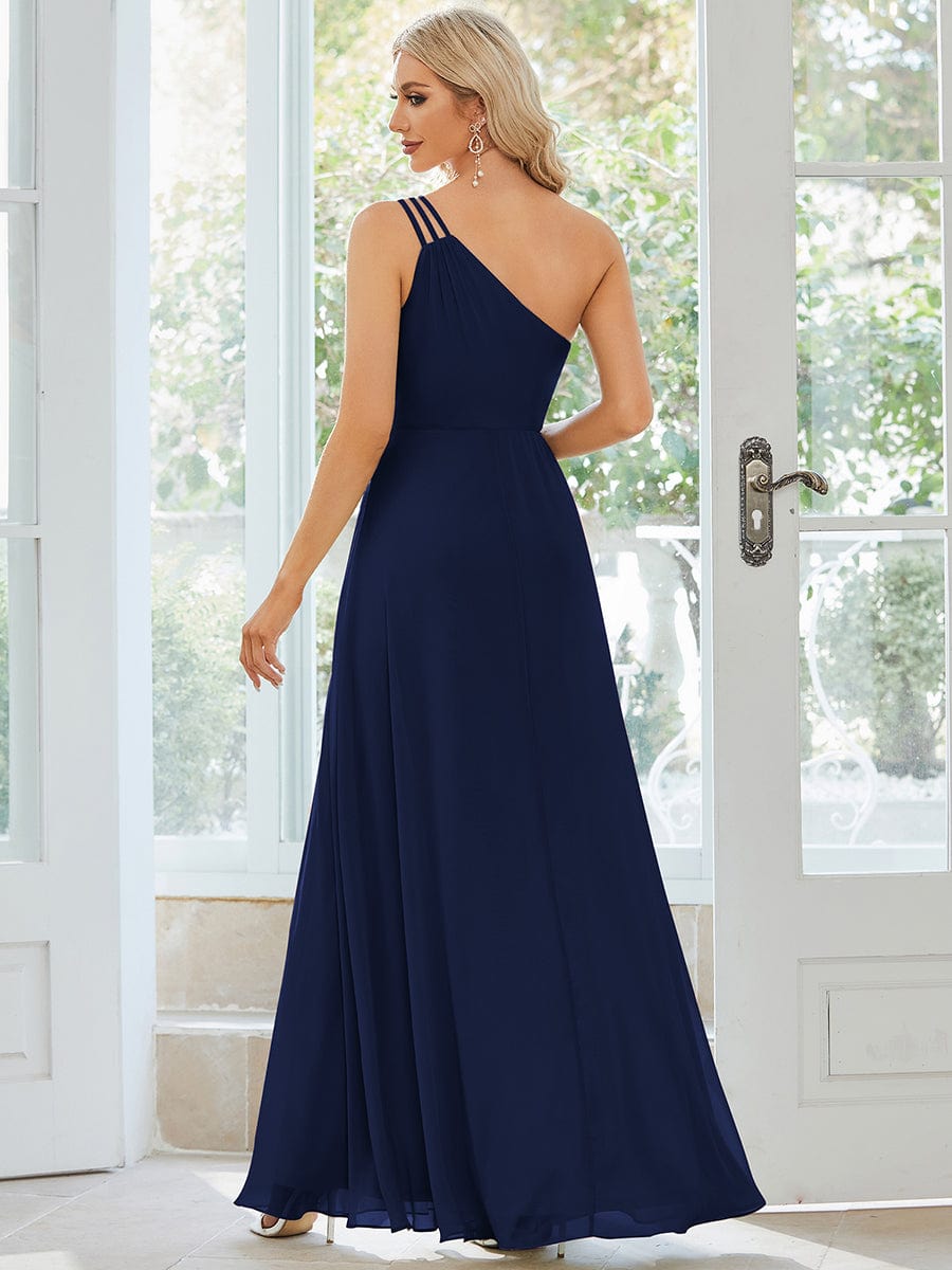 Flowy Chiffon One-Shoulder with Three Straps Bridesmaid Dress #color_Navy Blue