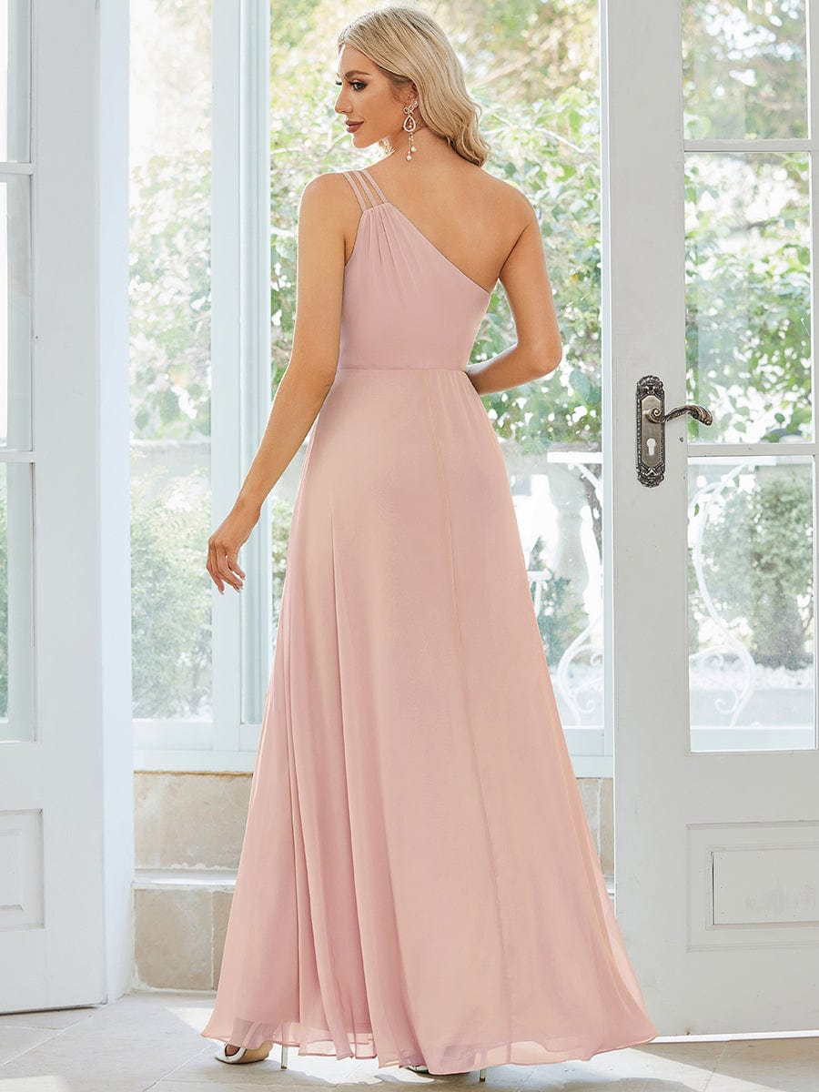 Flowy Chiffon One-Shoulder with Three Straps Bridesmaid Dress #color_Pink