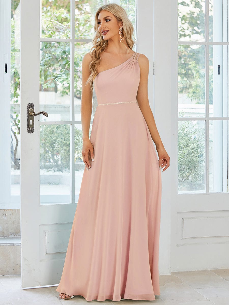 Flowy Chiffon One-Shoulder with Three Straps Bridesmaid Dress #color_Pink