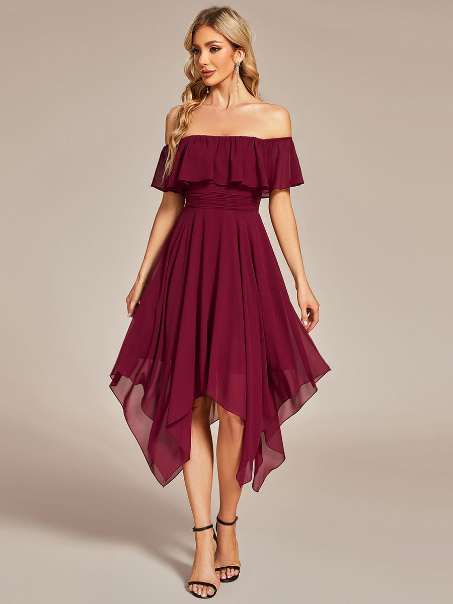 Chiffon Flowy Off-The-Shoulder Bridesmaid Asymmetrical Dress #color_Burgundy