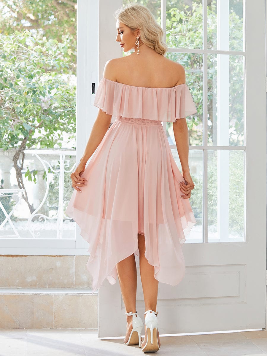 Chiffon Flowy Off-The-Shoulder Bridesmaid Asymmetrical Dress #color_Pink