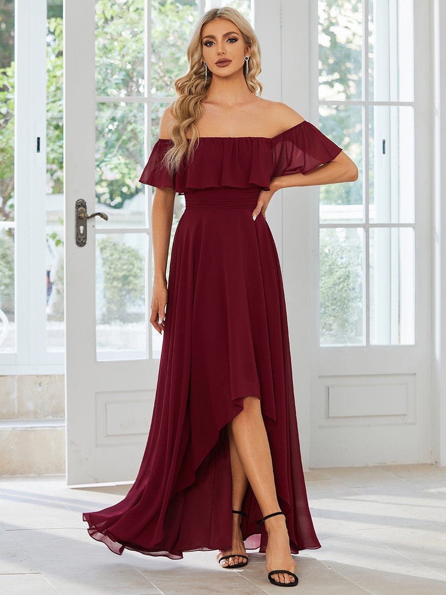 Elegant Chiffon High-Low Off The Shoulder Bridesmaid Dress #color_Burgundy