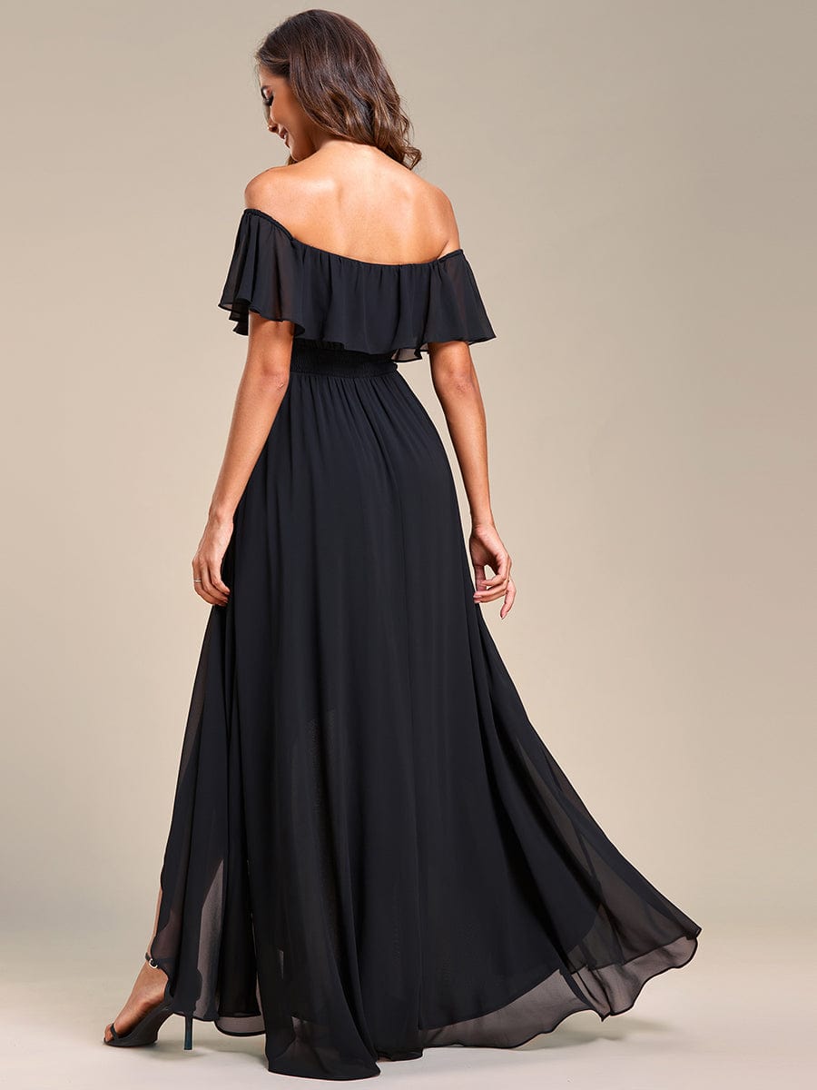 Elegant Chiffon High-Low Off The Shoulder Bridesmaid Dress #color_Black