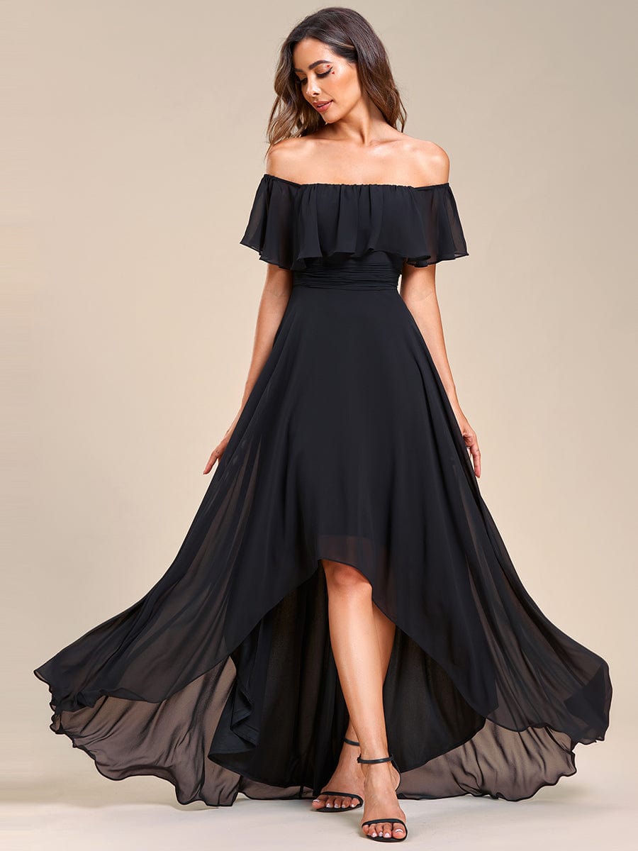 Elegant Chiffon High-Low Off The Shoulder Bridesmaid Dress #color_Black