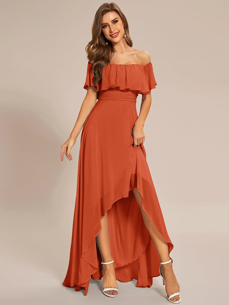 Elegant Chiffon High-Low Off The Shoulder Bridesmaid Dress #color_Burnt Orange