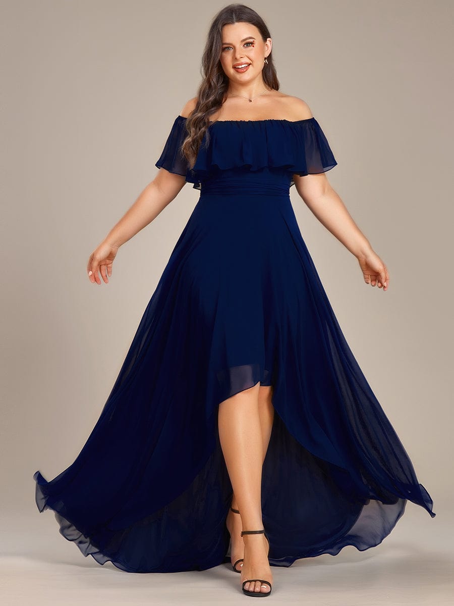 Plus Size Flowy Chiffon High-Low Off The Shoulder Bridesmaid Dress #color_Navy Blue