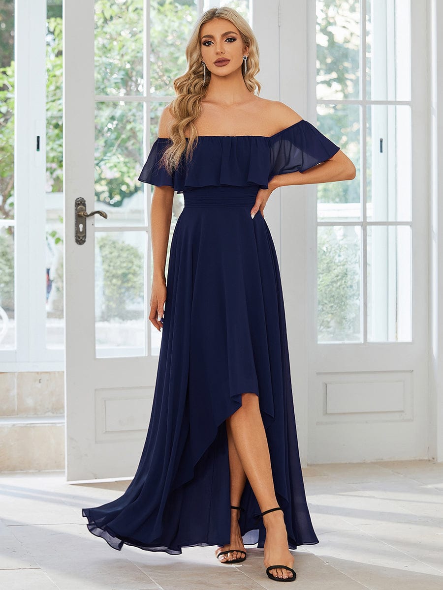 Elegant Chiffon High-Low Off The Shoulder Bridesmaid Dress #color_Navy Blue