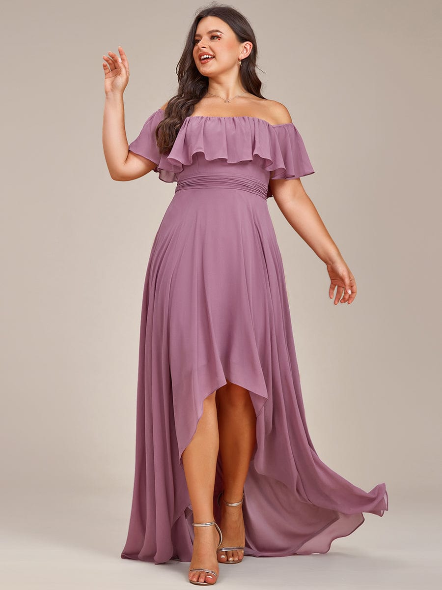 Plus Size Flowy Chiffon High-Low Off The Shoulder Bridesmaid Dress #color_Purple Orchid