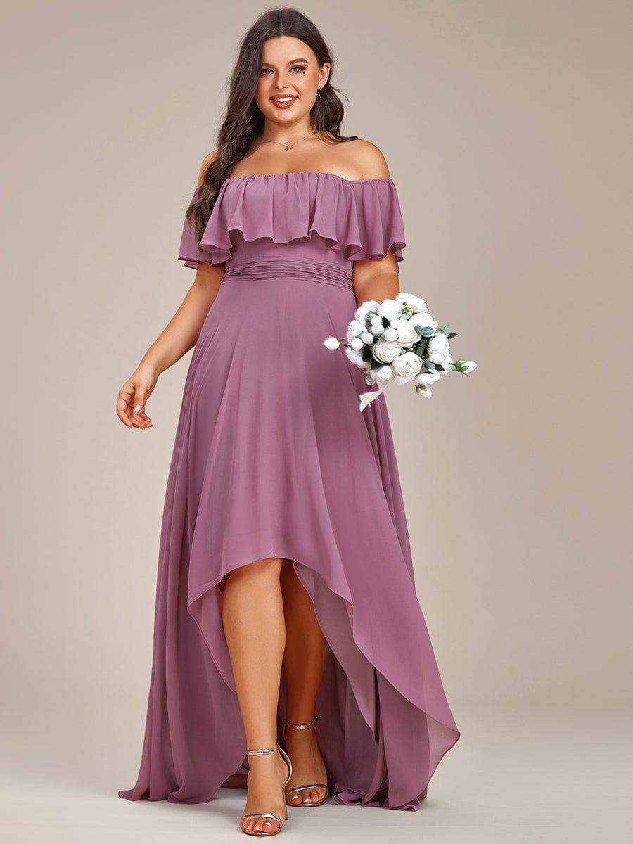 flowy dresses mid length Elegant Plus Size Chiffon Bridesmaid Dress with Off-The-Shoulder Style | High-Low Hemline fall dresses for wedding guest