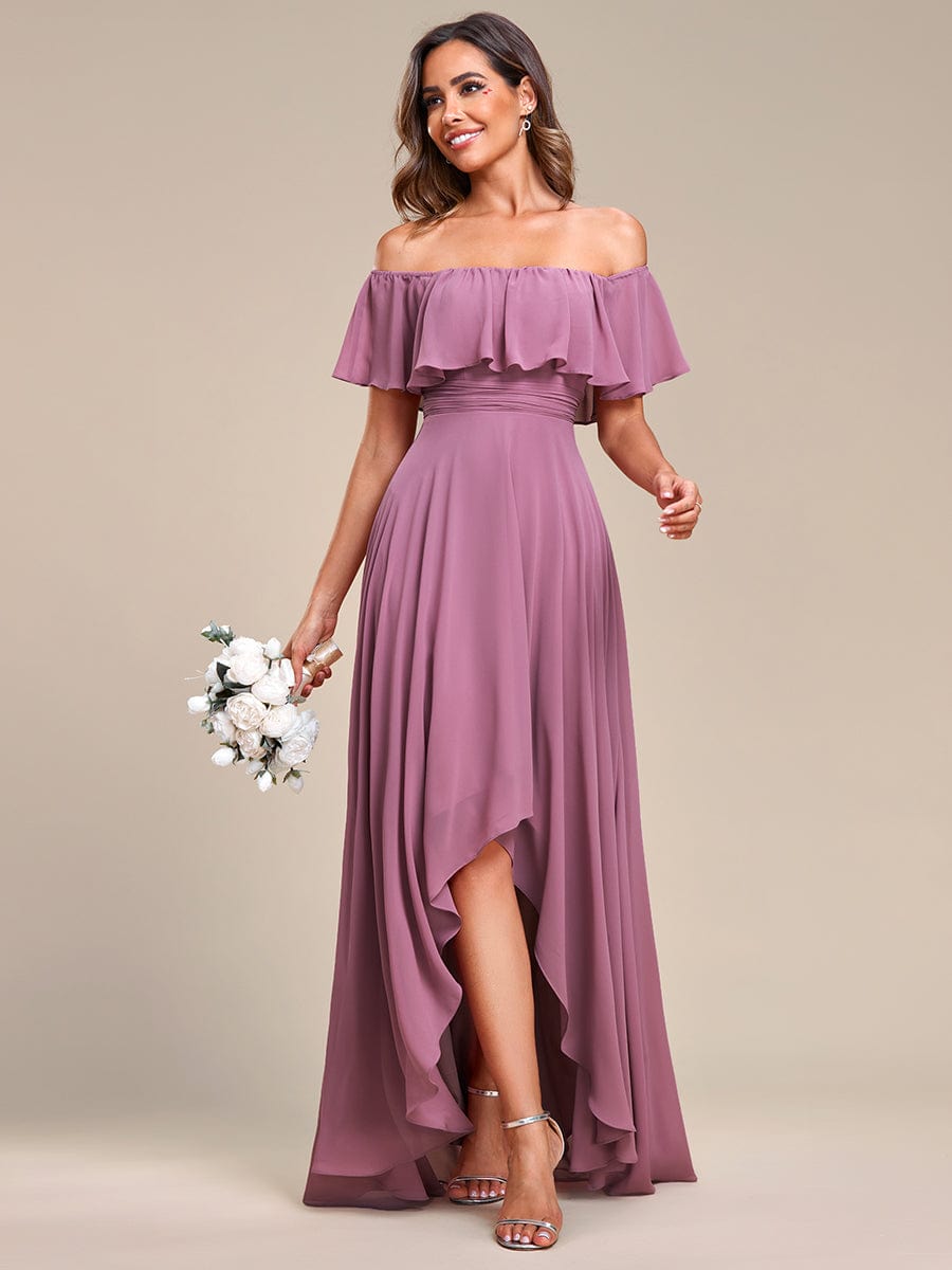 Elegant Chiffon High-Low Off The Shoulder Bridesmaid Dress #color_Purple Orchid