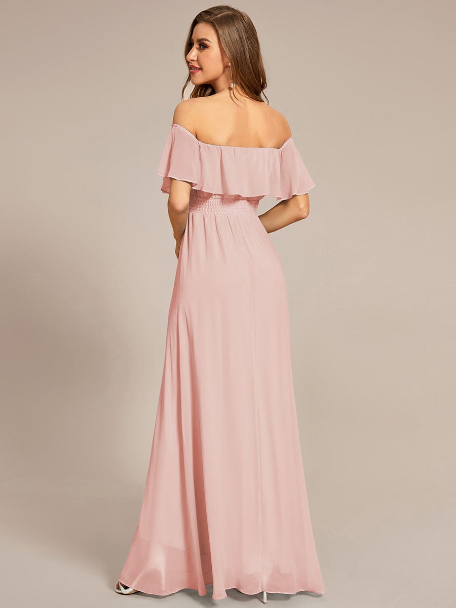 Elegant Chiffon High-Low Off The Shoulder Bridesmaid Dress #color_Pink