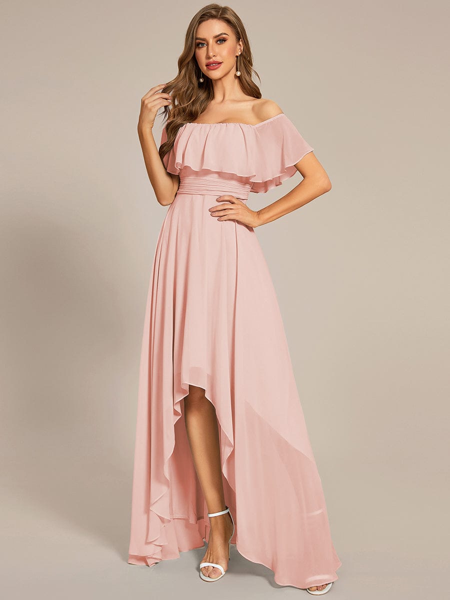 Elegant Chiffon High-Low Off The Shoulder Bridesmaid Dress #color_Pink