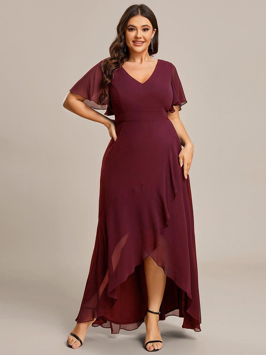 modest burgundy dress Chiffon Sleeveless Ruffle Bridesmaid Dresses Affordable and a self Burgundy Cross Neck Modest Flare
