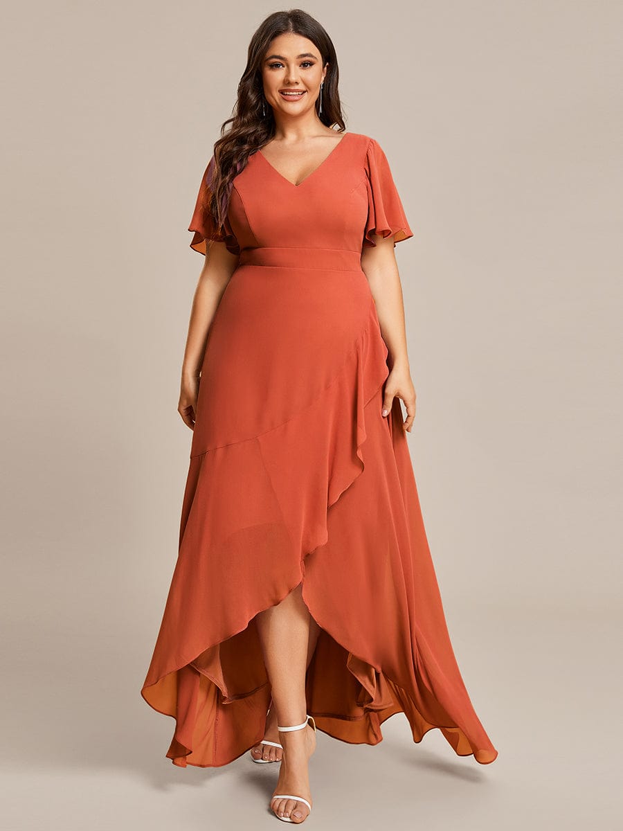 Plus Size Elegant Lotus Sleeves Chiffon Bridesmaid Dress #color_Burnt Orange