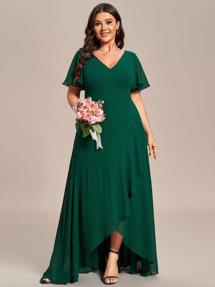 Plus Size Elegant Lotus Sleeves Chiffon Bridesmaid Dress #color_Dark Green