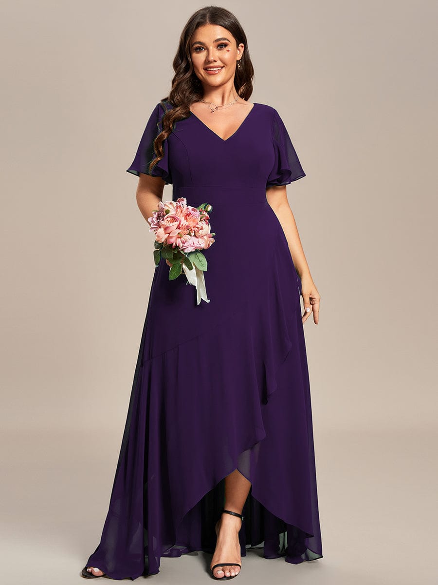 Plus Size Elegant Lotus Sleeves Chiffon Bridesmaid Dress #color_Dark Purple