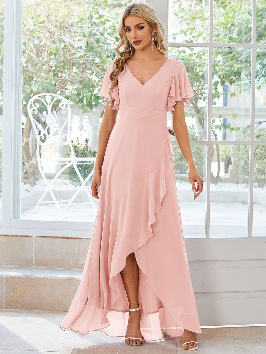 Custom Size Flowy Chiffon Ruffled Bridesmaid Dress #color_Pink