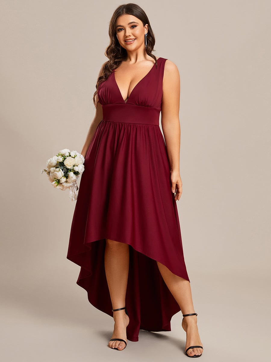 Plus Size Elegant High-Low Sleeveless Empire Waist Birdesmaid Dress #color_Burgundy