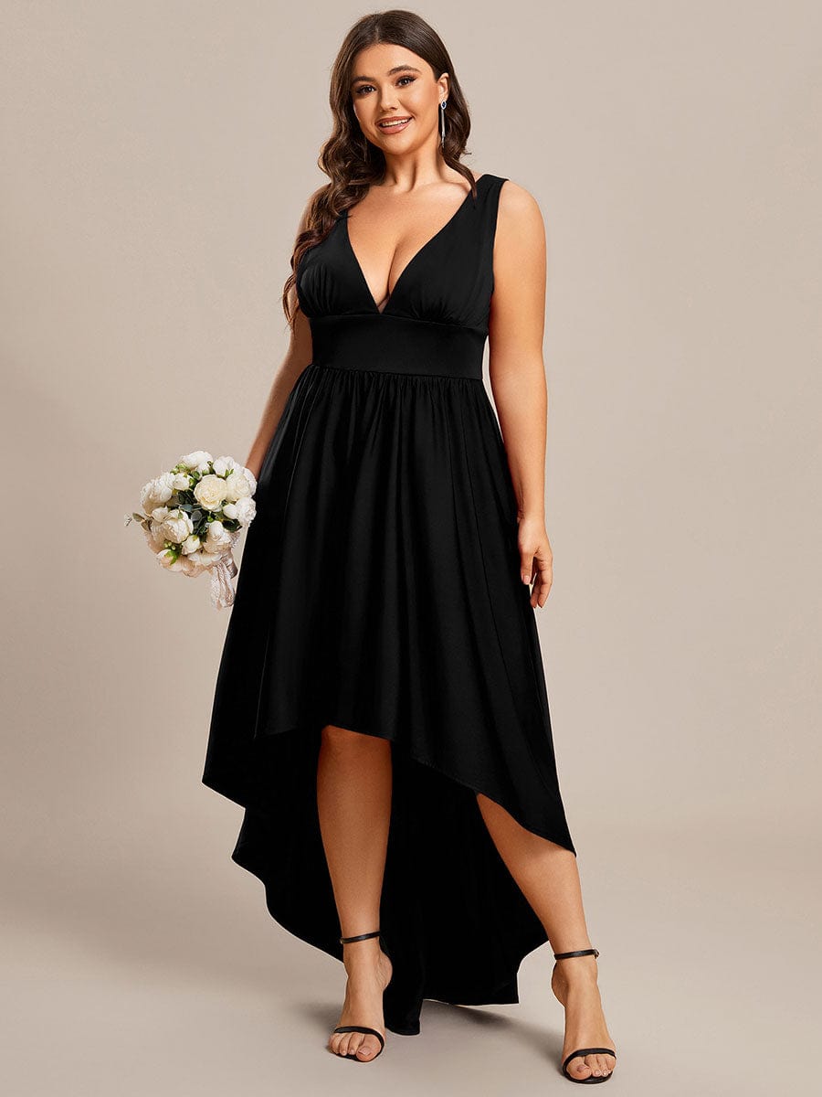 Plus Size Elegant High-Low Sleeveless Empire Waist Birdesmaid Dress #color_Black
