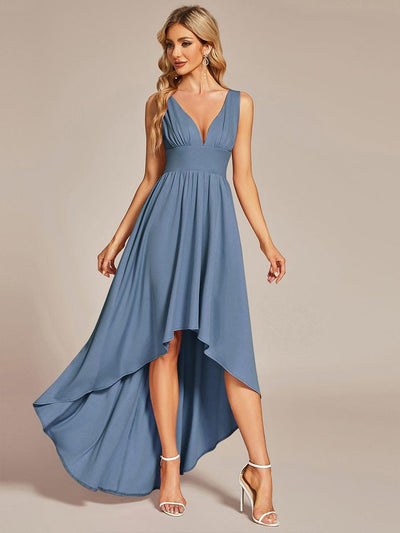 Deep V-Neck High-Low Sleeveless A-Line Wedding Guest Dress #color_Dusty Blue