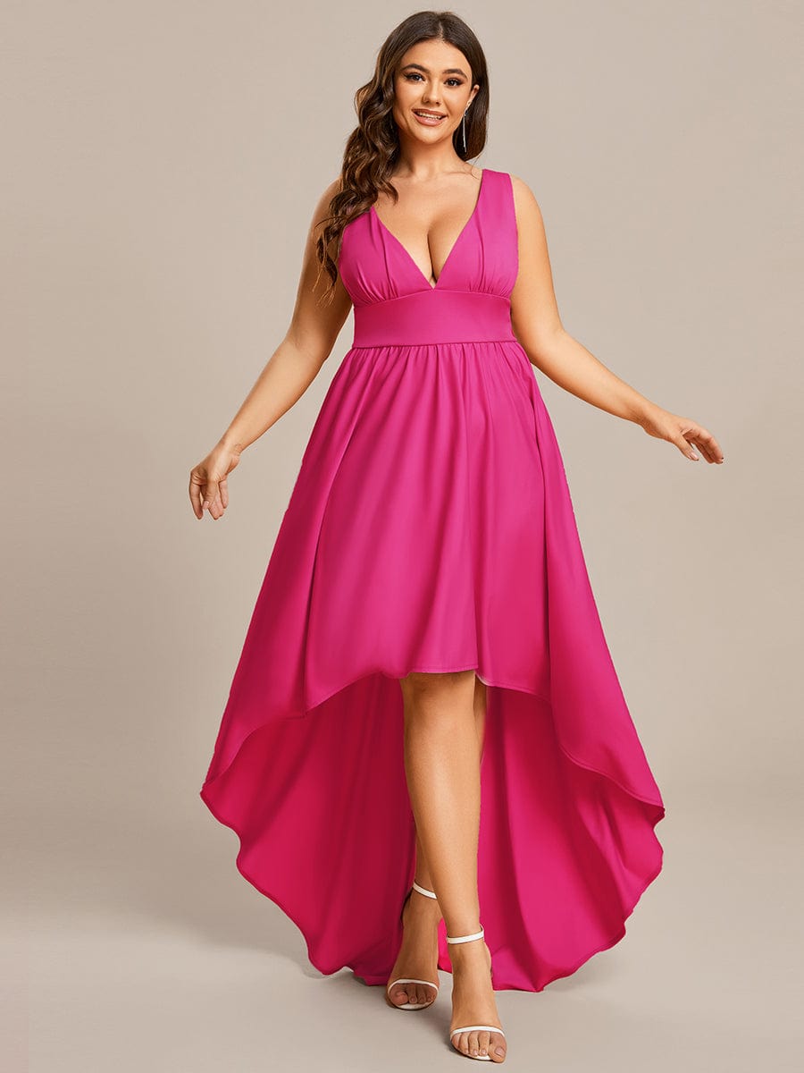 Plus Size Elegant High-Low Sleeveless Empire Waist Birdesmaid Dress #color_Hot Pink