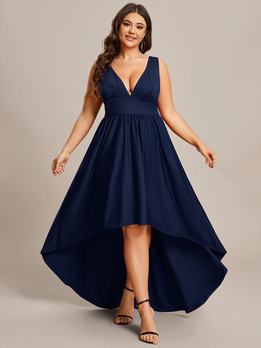 Plus Size Elegant High-Low Sleeveless Empire Waist Birdesmaid Dress #color_Navy Blue