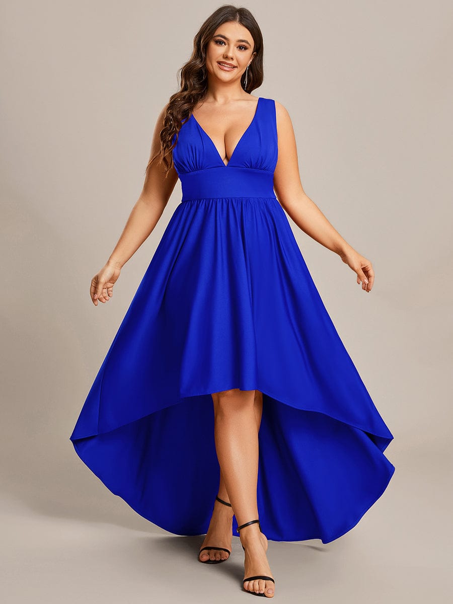 Plus Size Elegant High-Low Sleeveless Empire Waist Birdesmaid Dress #color_Sapphire Blue