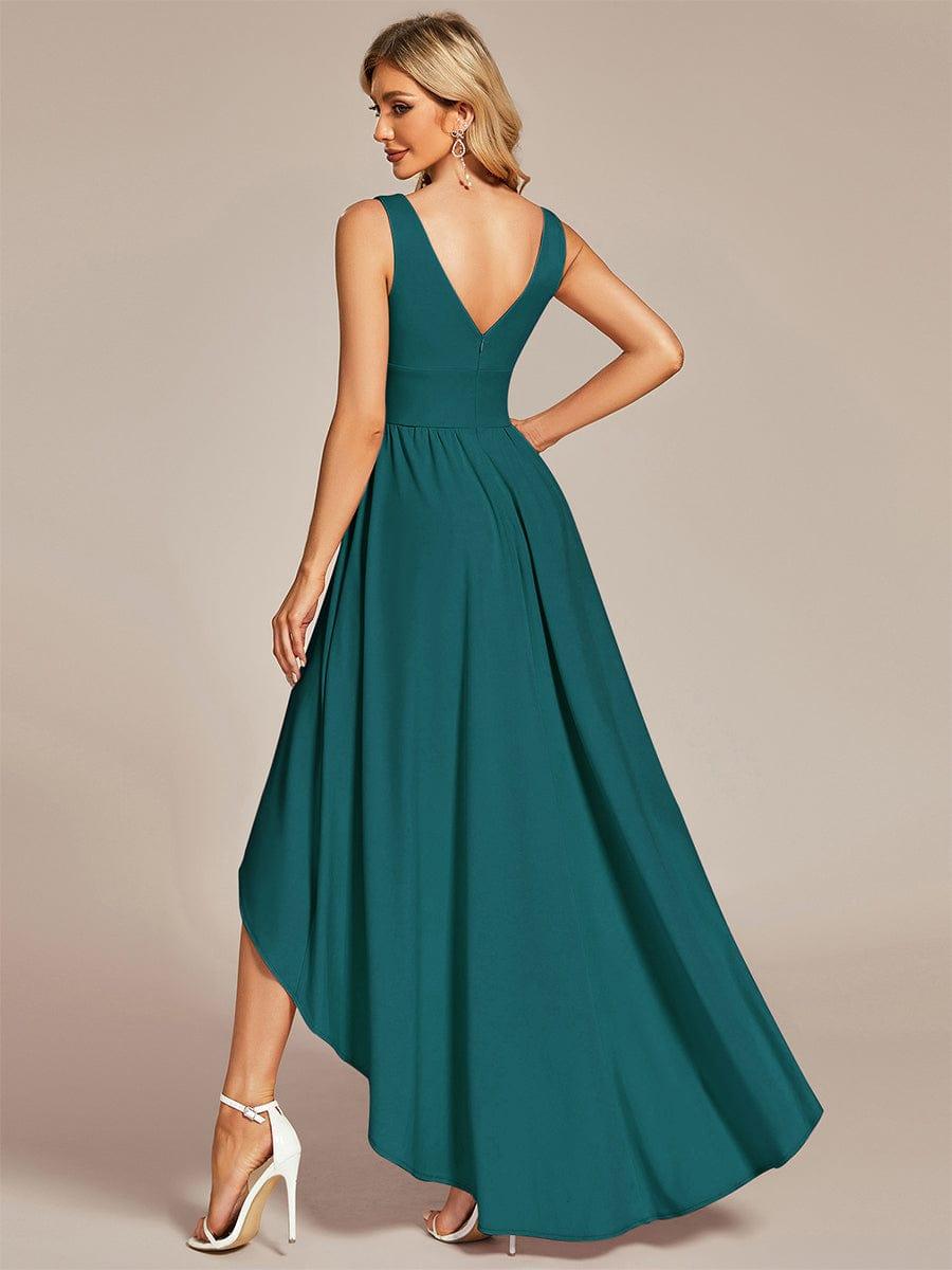 Deep V Neck High Low Sleeveless A Line Wedding Guest Dress