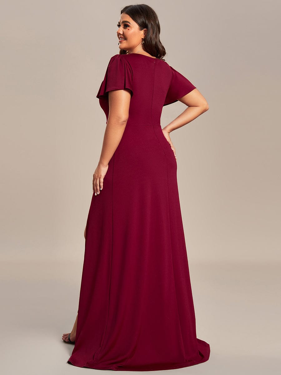 Classical Ruffles Sleeve A-Line Deep V-Neck Front Slit Bridesmaid Dress #color_Burgundy