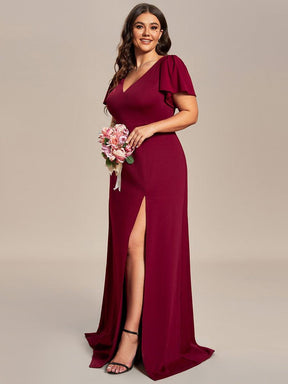 Plus Size Classical Ruffles Sleeve A-Line Front Slit Bridesmaid Dress