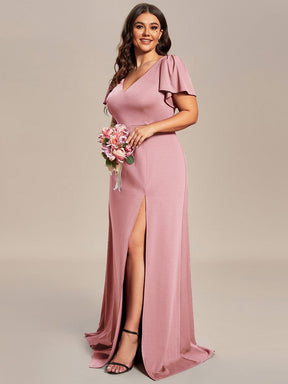 Plus Size Classical Ruffles Sleeve A-Line Front Slit Bridesmaid Dress