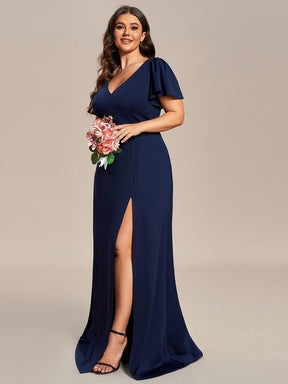 Plus Size Classical Ruffles Sleeve A-Line Front Slit Bridesmaid Dress