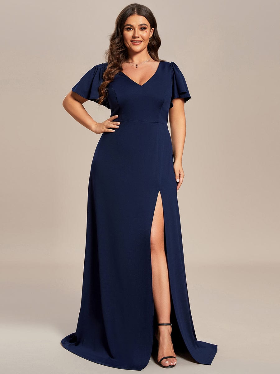 Classical Ruffles Sleeve A-Line Deep V-Neck Front Slit Bridesmaid Dress #color_Navy Blue