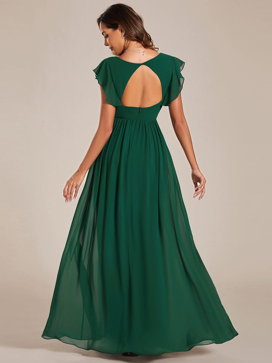 Back Cutout A-Line Pleated Ruffles Sleeve Chiffon Bridesmaid Dress #color_Dark Green