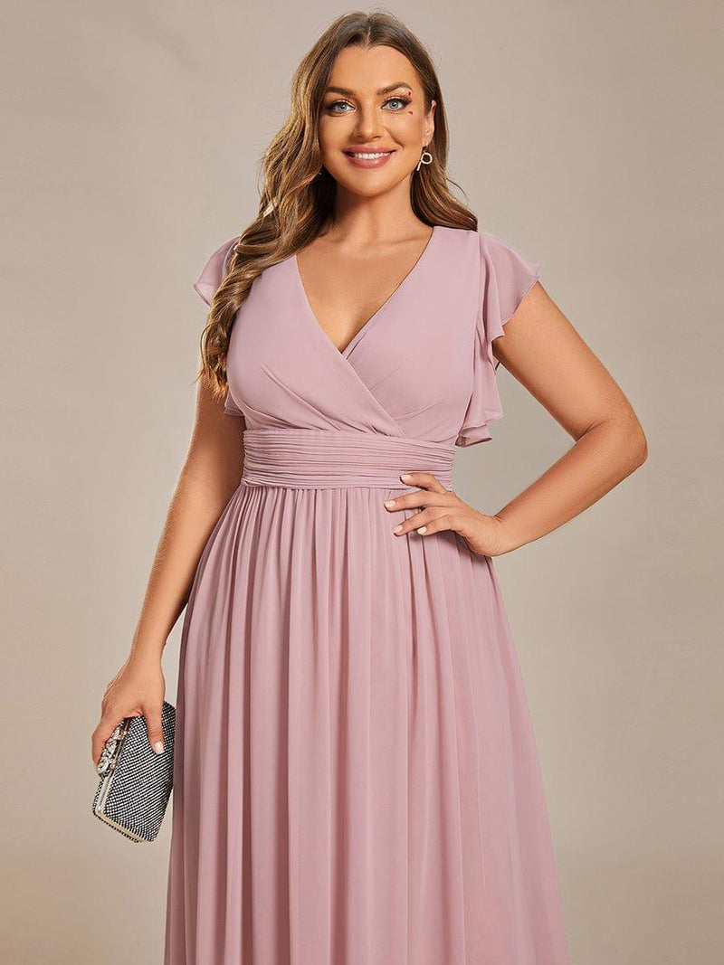 Plus Size Chiffon V-Neck Ruffles Sleeve Maxi Pleated Bridesmaid Dress