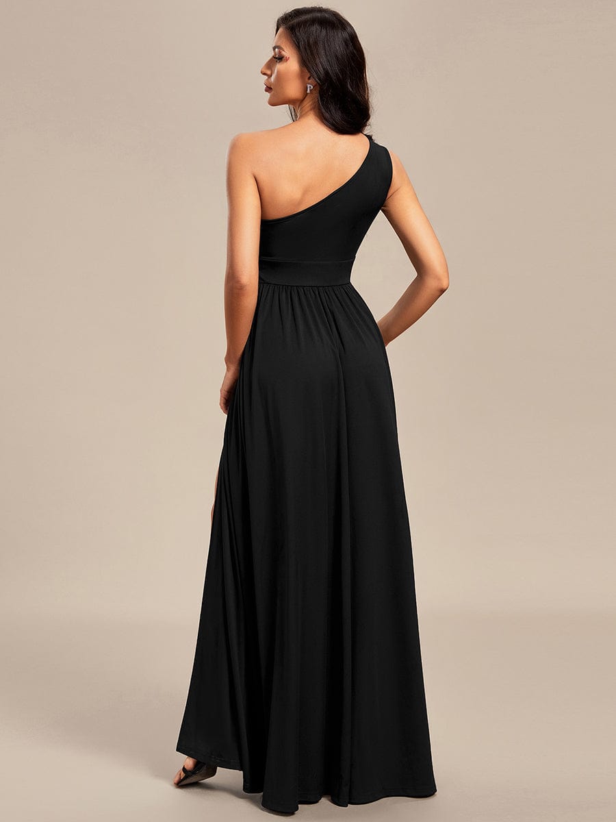 One Shoulder High Front Split Hollow Out Neckline Bridesmaid Dress #color_Black